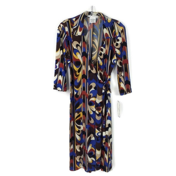 La Belle Multicolor Psychedelic Mod Print Half Sleeve Knit Wrap Dress Womens M - Picture 10 of 11